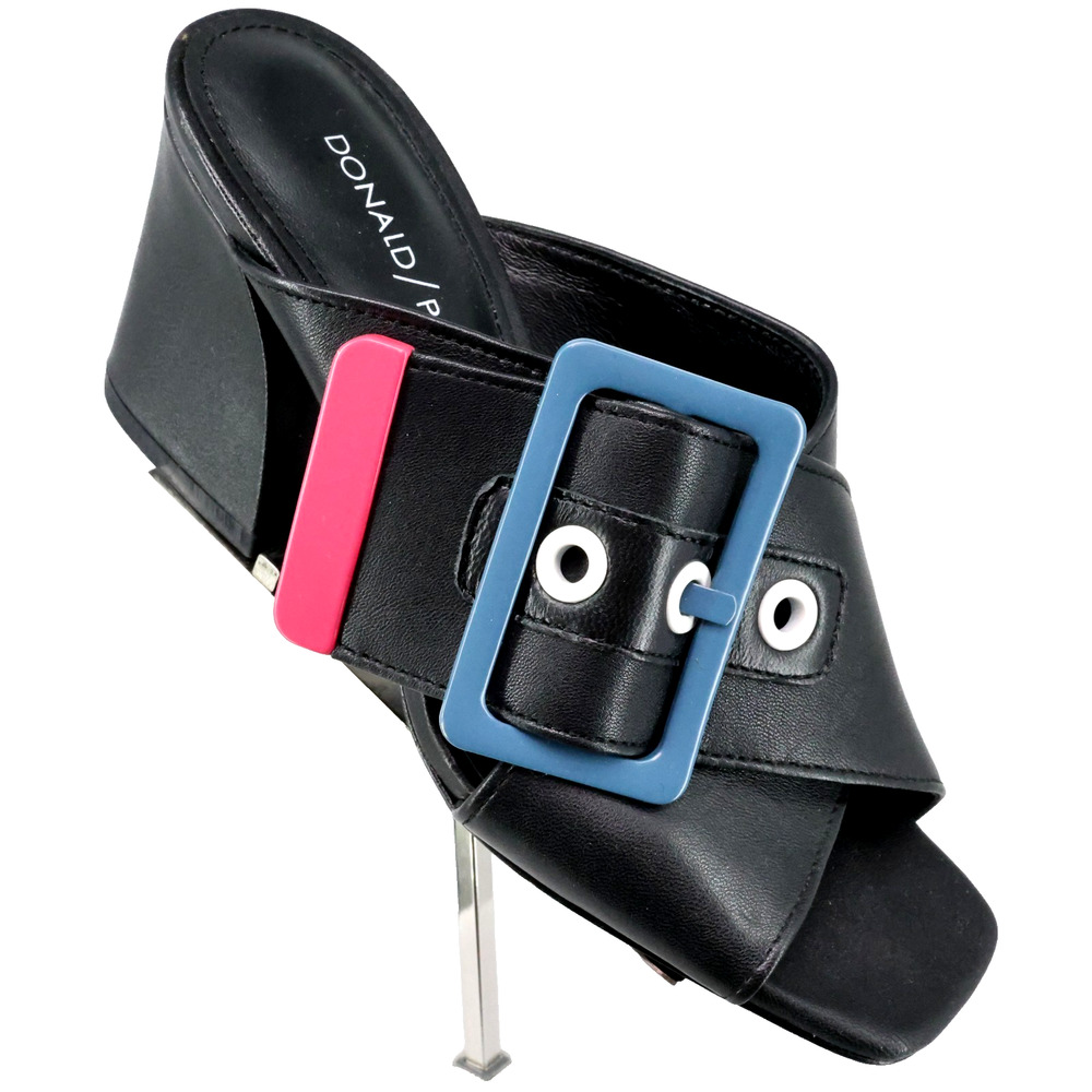 Donald Pliner Sandals Womens 5 M Black Leather Block Heel Blue Buckle Shoes